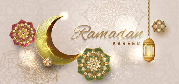 Ramadã Kareem Com Crescen Luxuoso Dourado Modelo Islâmico Ornamentado Cartão — Vetor de Stock
