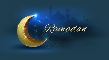 Ramazan kareemi, altın süslemeli Hilal ve İslami cami kubbesiyle klasik desenli ve fenerli İslami lüks tatil arka planıyla