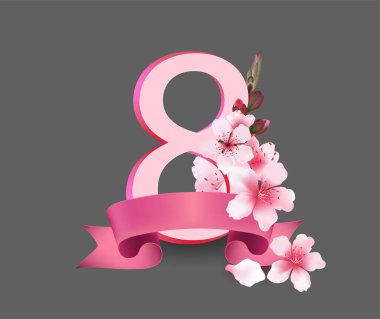 Pembe arka planda çiçekler ve kalplerle Kadınlar Günü. Kadınlar Günü için hat tasarımını pembe renklerle karşılayan element. Poster pankartı şablonu. Vektör illüstrasyonu.