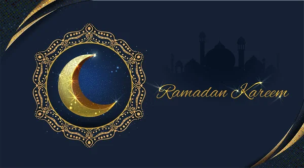 Ramadã Kareem Com Dourado Ornamentado Crescente Linha Islâmica Cúpula Mesquita —  Vetores de Stock