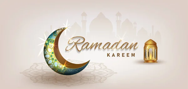 Ramadã Kareem Com Dourado Ornamentado Crescente Linha Islâmica Cúpula Mesquita —  Vetores de Stock