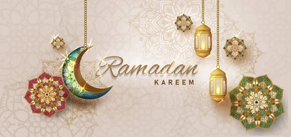 Ramadã Kareem Com Dourado Ornamentado Crescente Linha Islâmica Cúpula Mesquita — Vetor de Stock