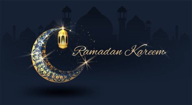 Ramazan Kareem hilal şeklinde altın sarısı, lüks hilal, tebrik kartı için şablon İslami süsleme elementi, Vektör 3 boyutlu