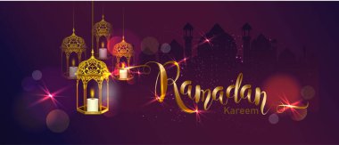 Ramazan Kareem hilal şeklinde altın sarısı, lüks hilal, tebrik kartı için şablon İslami süsleme elementi, Vektör 3 boyutlu