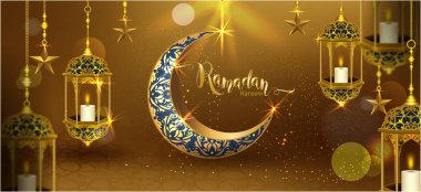 Ramazan Kareem hilal şeklinde altın sarısı, lüks hilal, tebrik kartı için şablon İslami süsleme elementi, Vektör 3 boyutlu