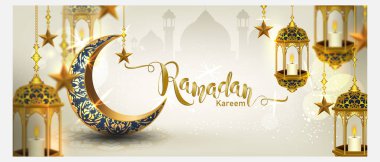 Ramazan Kareem hilal şeklinde altın sarısı, lüks hilal, tebrik kartı için şablon İslami süsleme elementi, Vektör 3 boyutlu