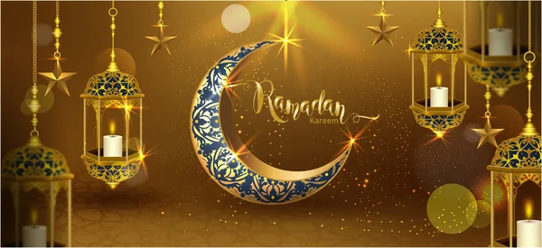 Ramadan Kareem Com Crescente Lua Ouro Luxuoso Crescente Modelo Elemento — Vetor de Stock