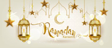 Ramazan Kareem hilal şeklinde altın sarısı, lüks hilal, tebrik kartı için şablon İslami süsleme elementi, Vektör 3 boyutlu