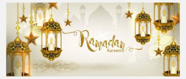 Ramazan Kareem hilal şeklinde altın sarısı, lüks hilal, tebrik kartı için şablon İslami süsleme elementi, Vektör 3 boyutlu