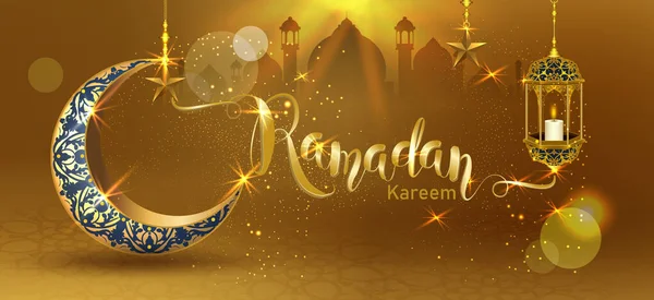 Ramadan Kareem Com Crescente Lua Ouro Luxuoso Crescente Modelo Elemento — Vetor de Stock