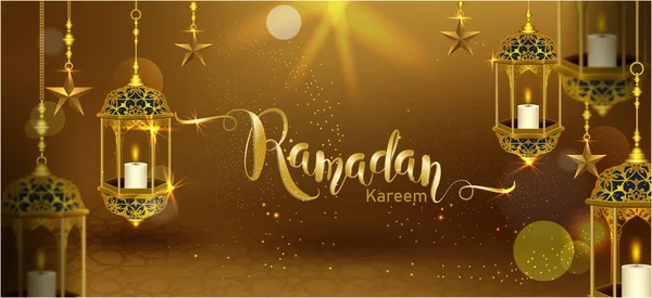 Ramadan Kareem Com Crescente Lua Ouro Luxuoso Crescente Modelo Elemento — Vetor de Stock