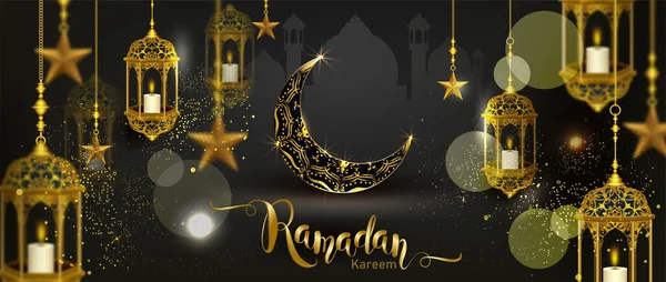 Ramadan Kareem Con Mezzaluna Oro Lussuosa Mezzaluna Elemento Decorato Modello — Vettoriale Stock