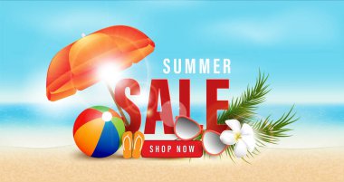 Yaz indirimi metni ve tatil unsurları tanıtım alışverişi, Yaz tanıtım web afişi arka plan şablonu 3B tarzı