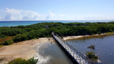 Cozumel Adası 'ndaki Punta Sur Doğa Koruma Alanı. Çerçevede göl, orman ve Karayipler üzerinde bir köprü görüyoruz.
