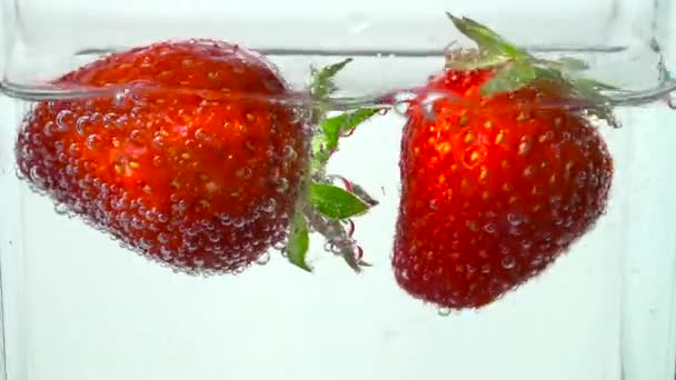 Köstliche Rote Erdbeeren Schwimmen Klarem Wasser Mit Blasen — Stockvideo