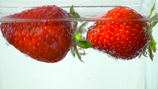Deliciosos Morangos Vermelhos Nadam Água Clara Com Bolhas — Vídeo de Stock