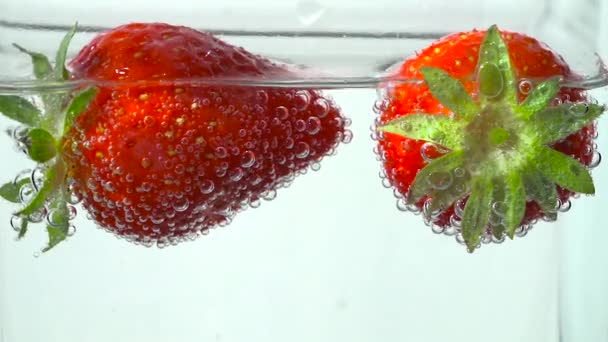 Delicious Red Strawberries Swim Clear Water Bubbles — Stock Video