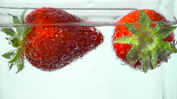 Delicious Red Strawberries Swim Clear Water Bubbles — Stock Video