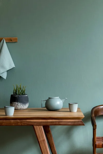 Stylish Minimalistic Dining Room Interior Wooden Table Teapot Cups Plant — Stock Photo, Image