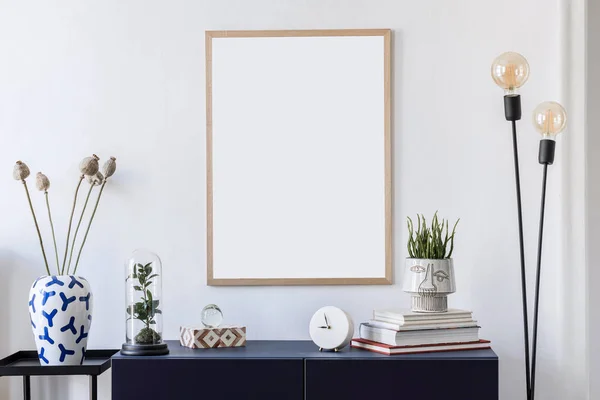 Modern Interior Design Gold Mock Poster Frame Elegant Accessories Shelf — Stock Photo, Image