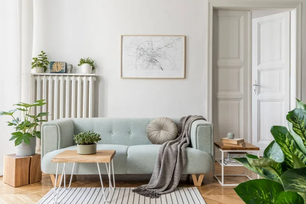 Modern Belsőépítészet Kanapéval Kortárs Kiegészítőkkel Stílusos Nappali Design Home Staging — Stock Fotó