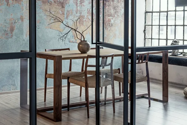 Contemporary unique design of wooden table in modern apartment