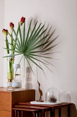 Dolap ve iç tasarım üzerinde şık vazolarda çiçekler