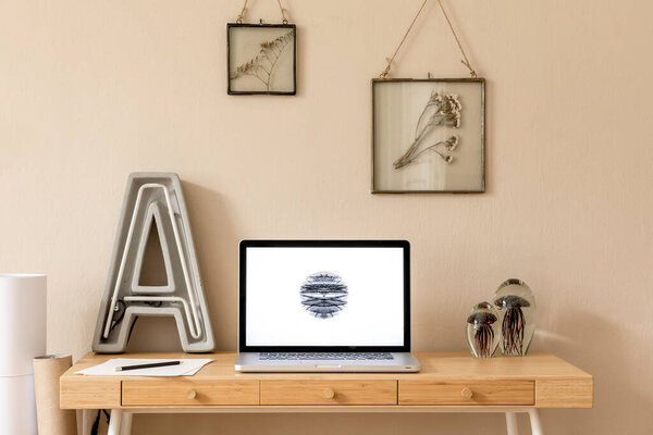 Beige table with various interior details, interior design