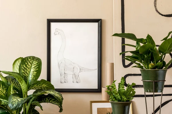 Dibujo Elegante Plantas Verdes Estudio Retro Diseño Interiores — Foto de Stock