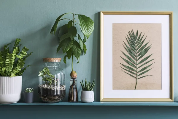 Стильный Рисунок Зеленые Растения Ретро Студии Дизайн Интерьера — стоковое фото