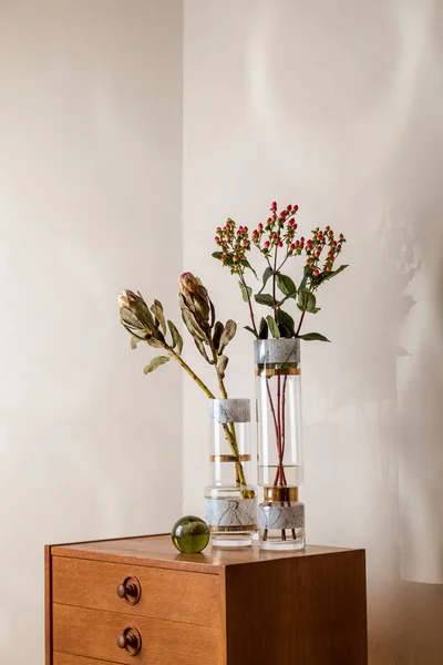 Blommor Snygga Vaser Skåp Inredning — Stockfoto