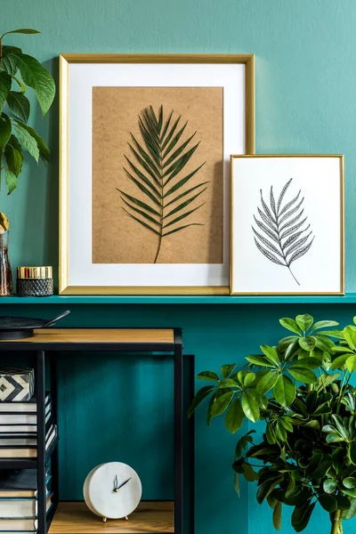 Groene Woonkamer Met Gezellig Interieur — Stockfoto