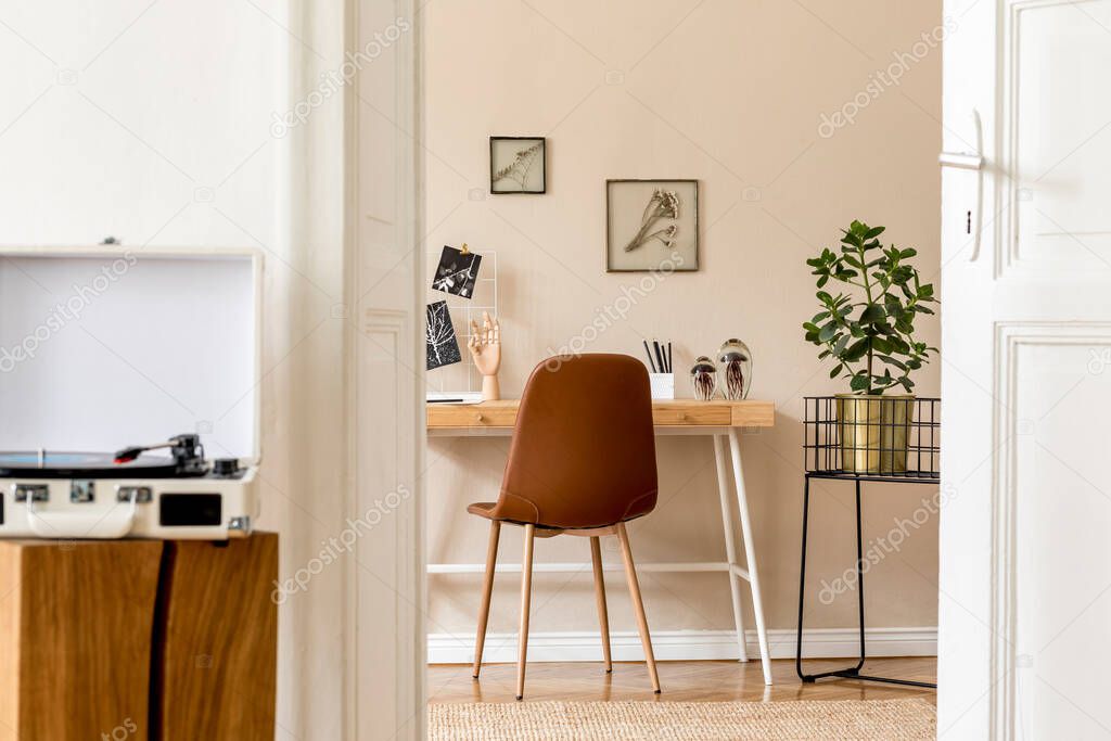 Beige table with various interior details, interior design