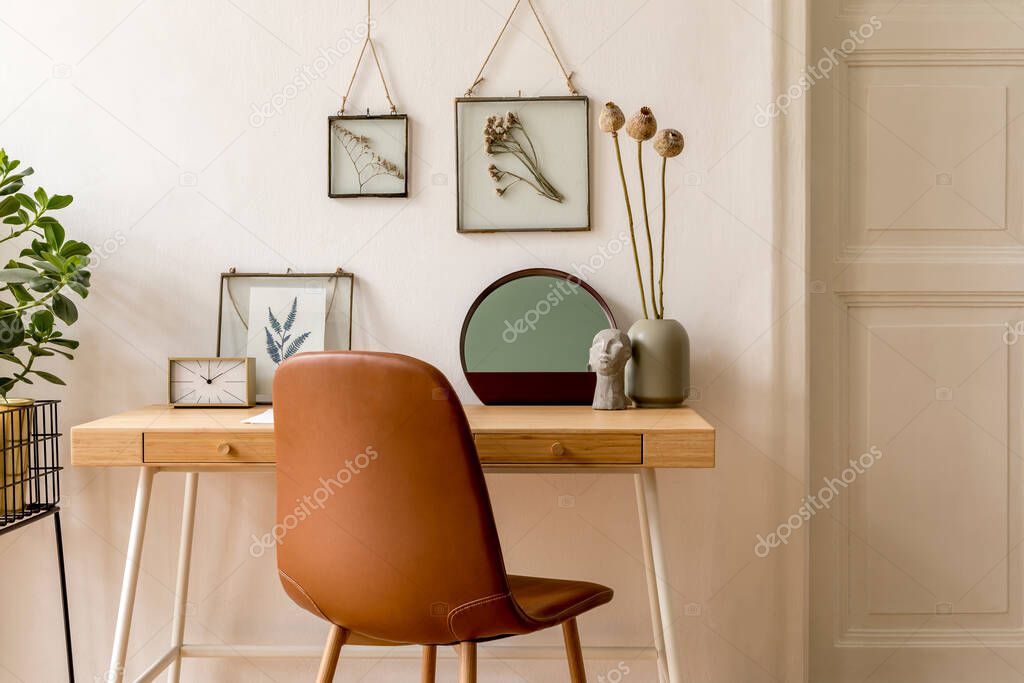 Beige table with various interior details, interior design