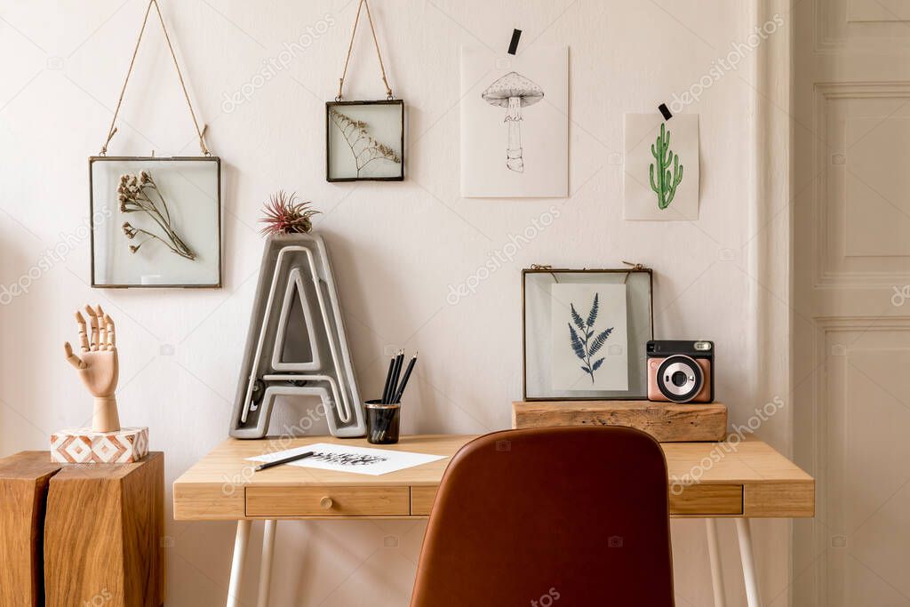 Beige table with various interior details, interior design