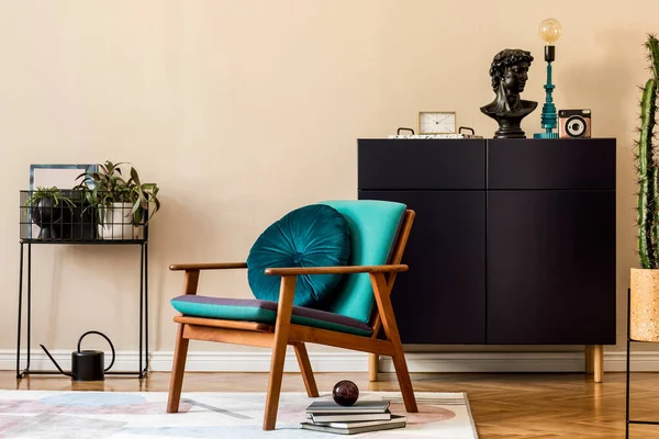 Interior Design Retro Modern Living Room Stylish Blue Navy Commode — Stock Photo, Image