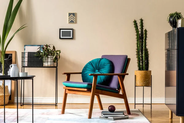 Interior Design Retro Modern Living Room Stylish Blue Navy Commode — Stock Photo, Image