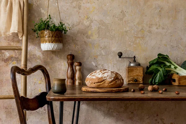 Interior Dapur Bergaya Vintage Dengan Meja Keluarga Kursi Makanan Secangkir — Stok Foto