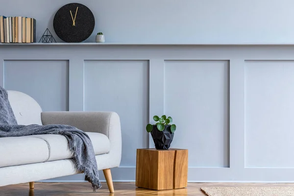 用灰色沙发 架子木镶板 木制立方体 植物和个人配饰设计现代家居装饰的风格华丽的室内丑闻 — 图库照片