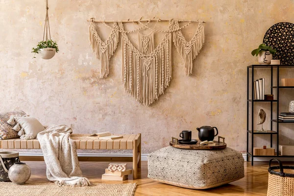 Design Interiores Sala Estar Elegante Com Chaise Longue Belo Macrame — Fotografia de Stock