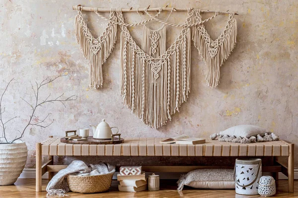 Design Interno Elegante Soggiorno Con Chaise Longue Beige Bellissimo Macrame — Foto Stock