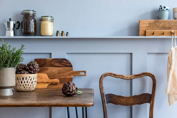 Composición Elegante Del Interior Cocina Con Mesa Familiar Madera Verduras — Foto de Stock