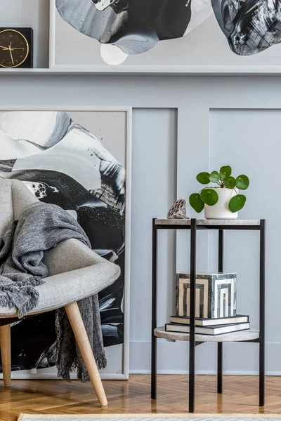 Elegante Interior Sala Estar Con Diseño Sillón Gris Cuadros Cuadros — Foto de Stock