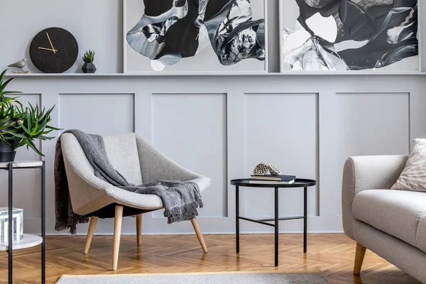 Modern Scandinavian Home Interior Living Room Design Gray Sofa Armchair — Stock Photo, Image