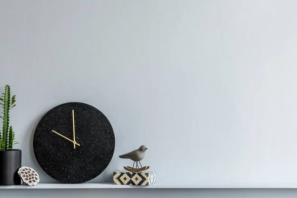 Minimalistic Composition Wooden Shelf Design Black Clock Cacti Elegant Personal — Stock Photo, Image