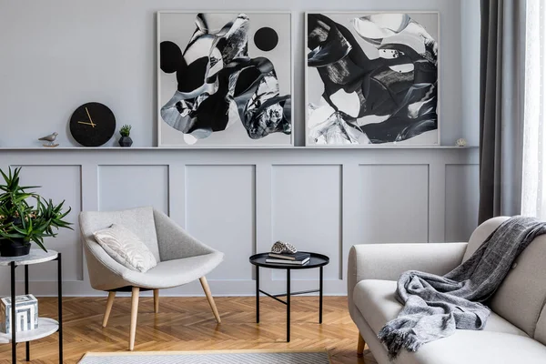 Moderna Casa Escandinava Interior Sala Estar Con Sofá Gris Diseño — Foto de Stock