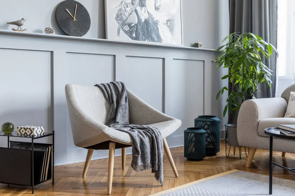 Elegante Casa Escandinava Interior Sala Estar Con Diseño Sofá Gris — Foto de Stock