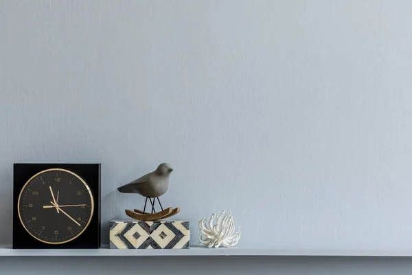 Minimalistic Composition Wooden Shelf Black Clock Decoration Elegant Personal Accessories — Stock Photo, Image