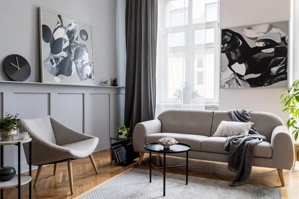 Élégante Maison Scandinave Intérieur Salon Avec Canapé Gris Design Fauteuil — Photo