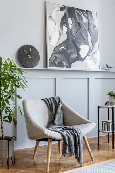Stylish Interior Living Room Design Grey Armchair Plaid Marble Stool — Stock Photo, Image